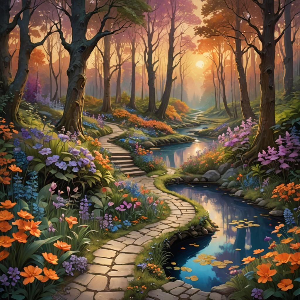 Whimsical Forest Clearing with Golden Sunset Glow