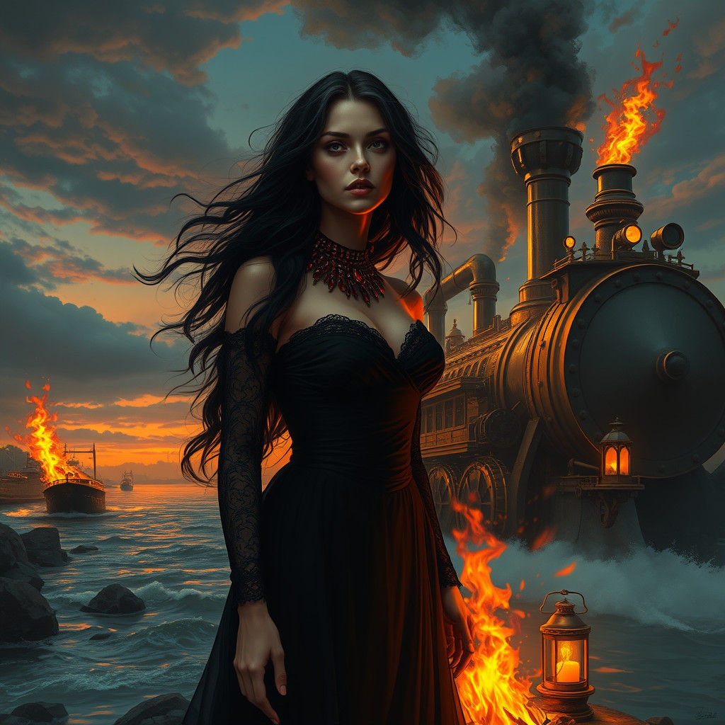 Woman at Funeral Pyre in Steampunk Style
