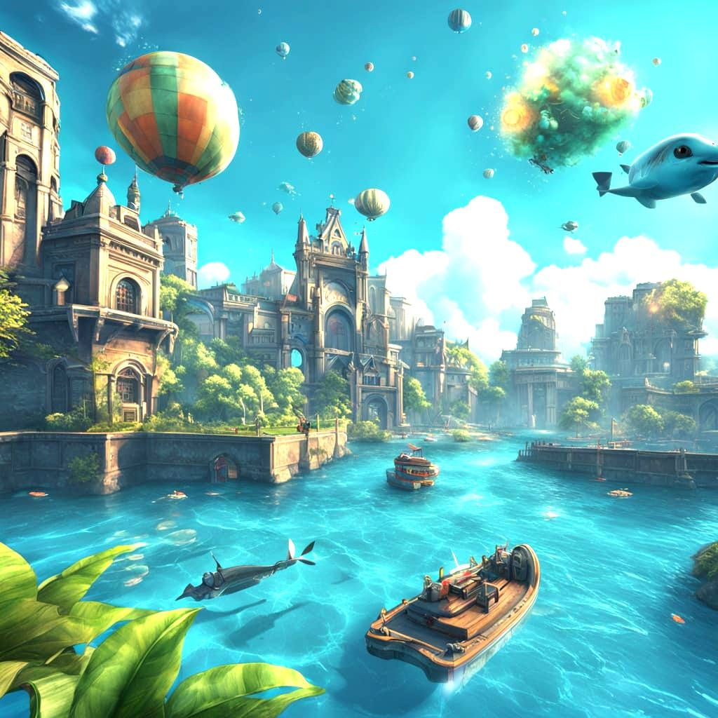 Boy Swims in Detailed Underwater City with Ocean Creatures