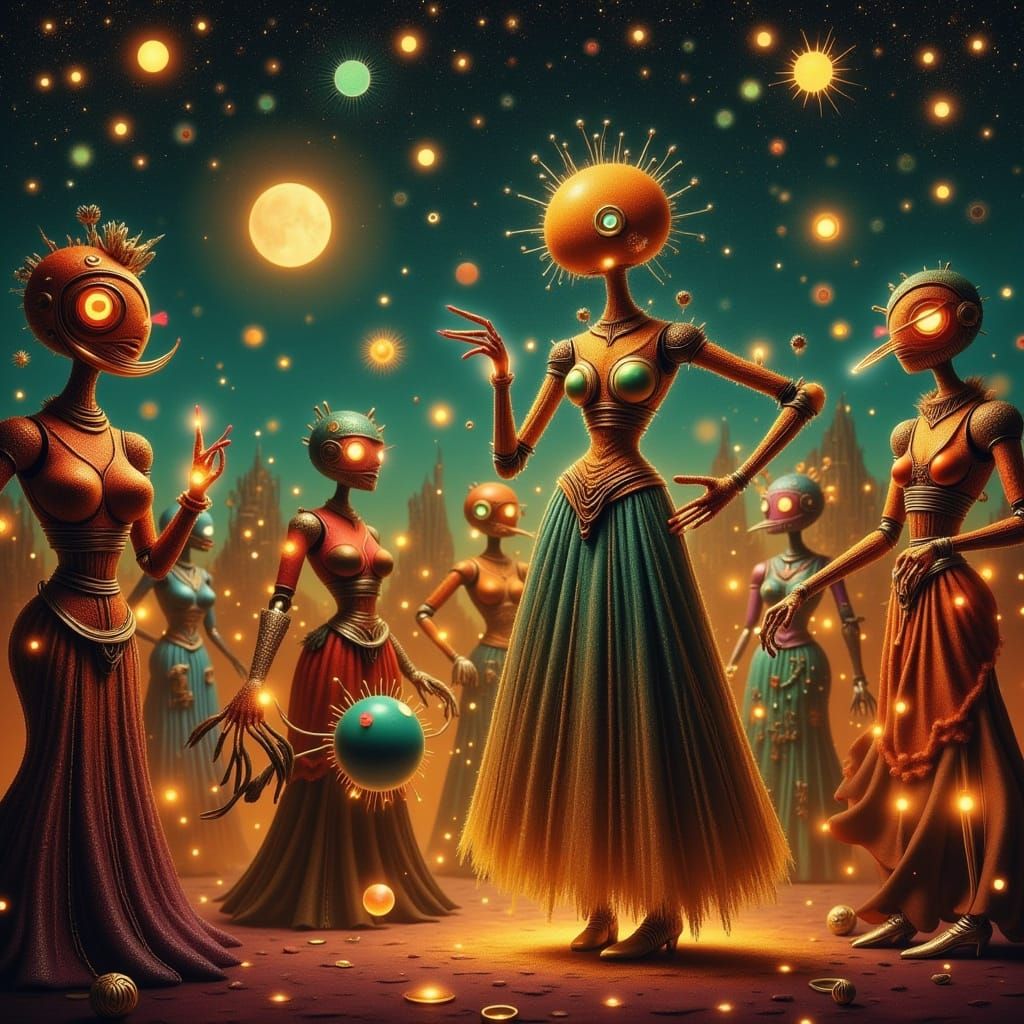 Women in Steampunk Gowns Dance Under Fairy Lights at a Vinta...