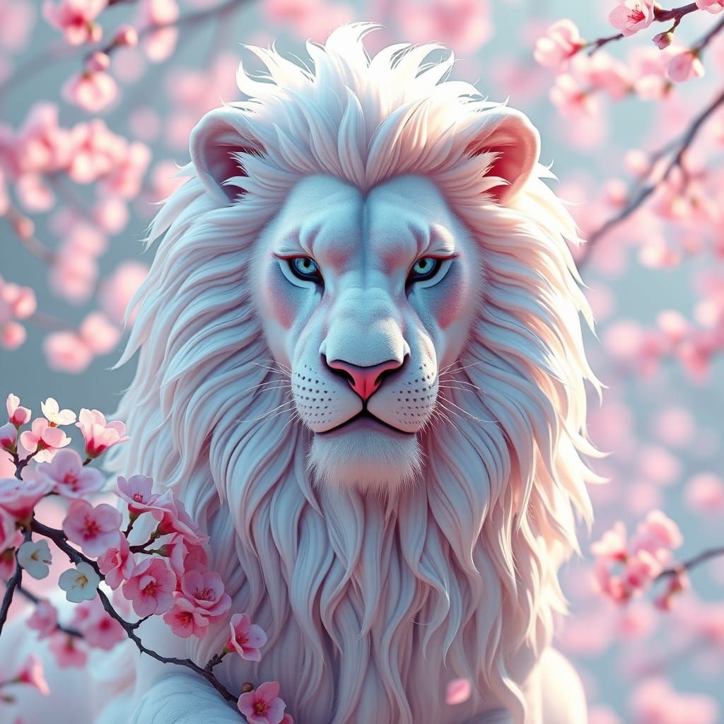 Regal White Lion in Vibrant Sakura Hues Anime Art