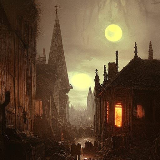 Eerie Gothic Village in Bog Under Blood Moon