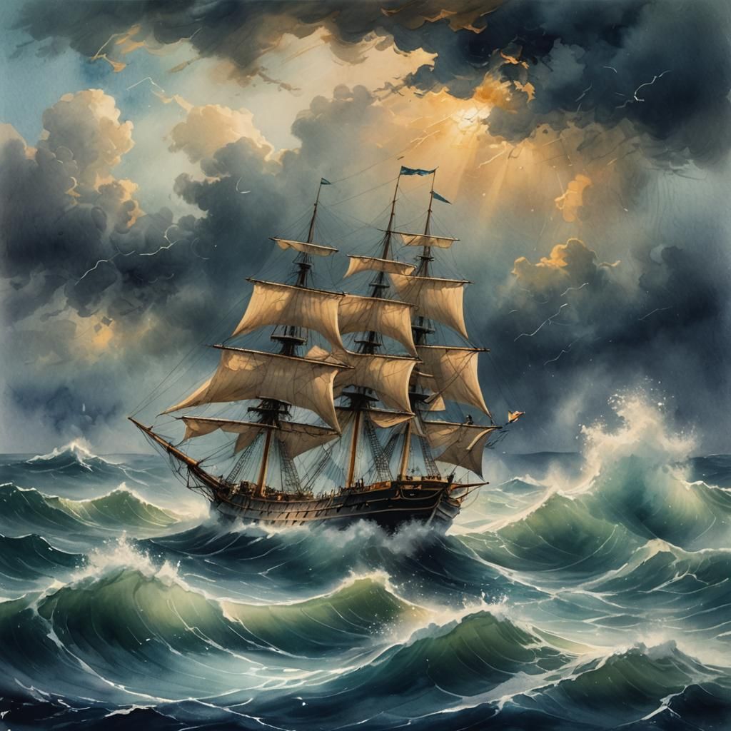 Ship in Stormy Sea: A Watercolor Painting