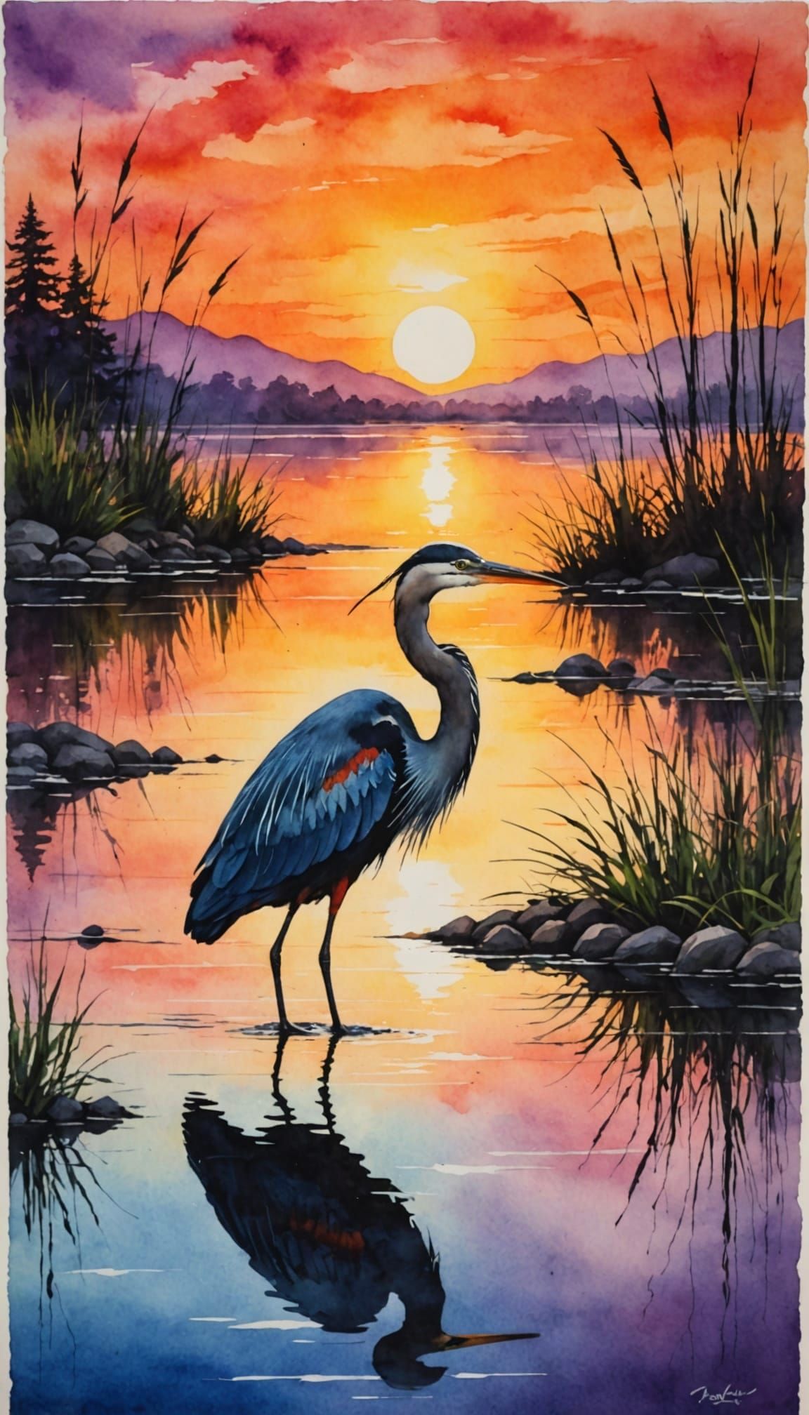 Watercolor Heron at Rainbow Sunset