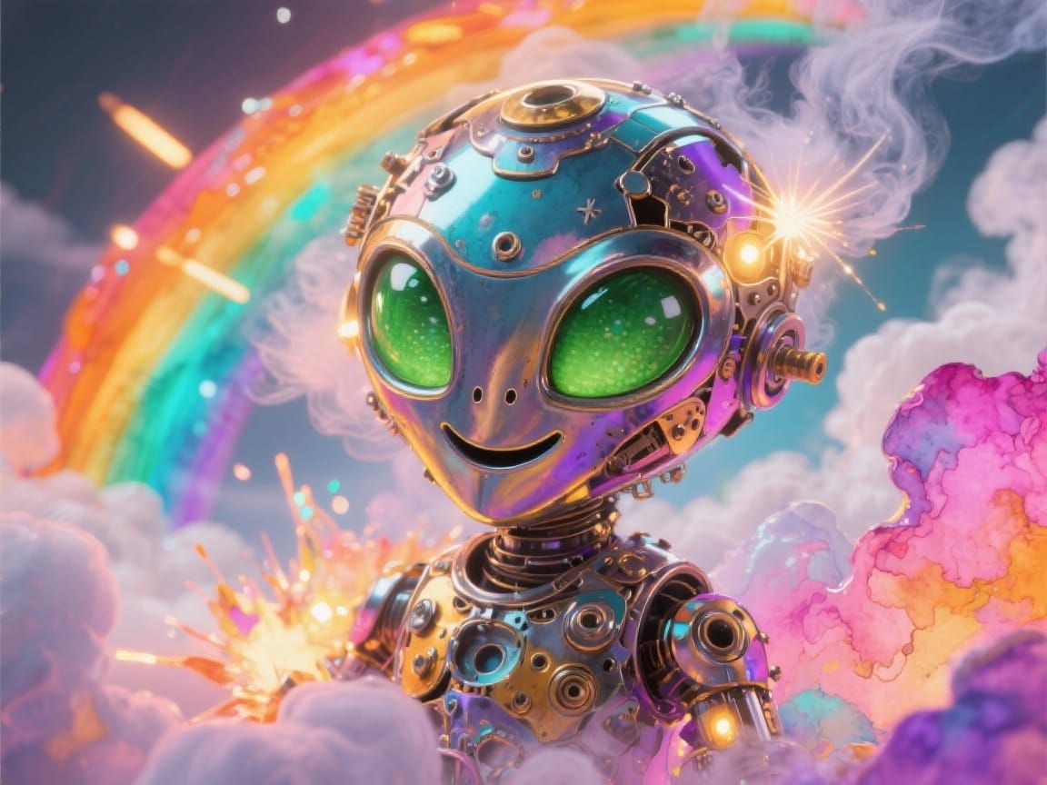 Cute Metallic Alien with Big Green Eyes