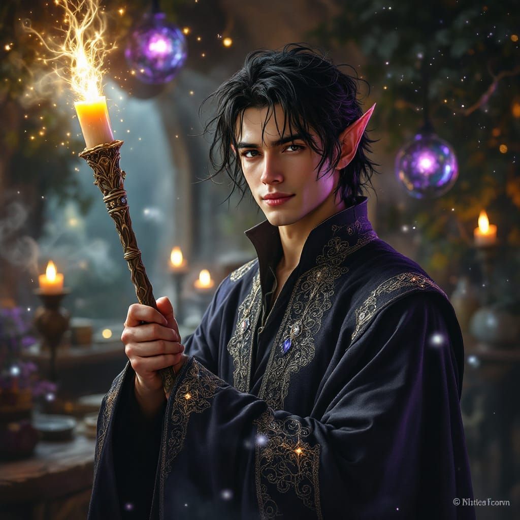 Ethereal Elf Mage in Mystical Workshop