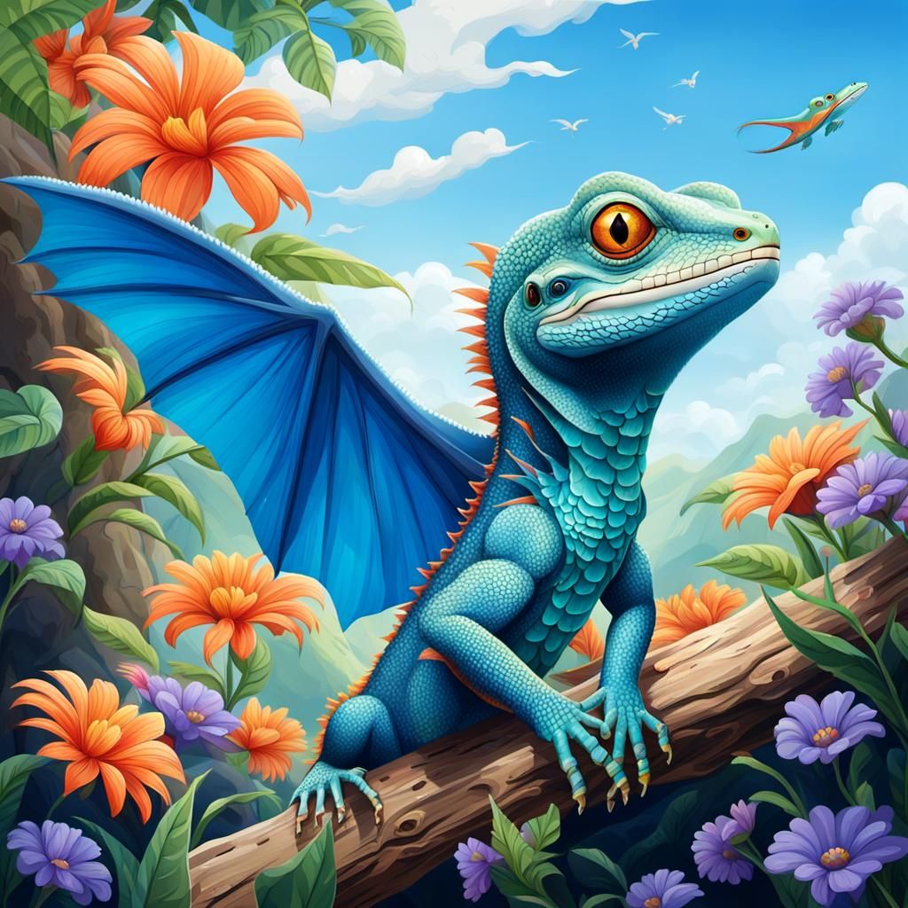 A lizard flying happily in the sky