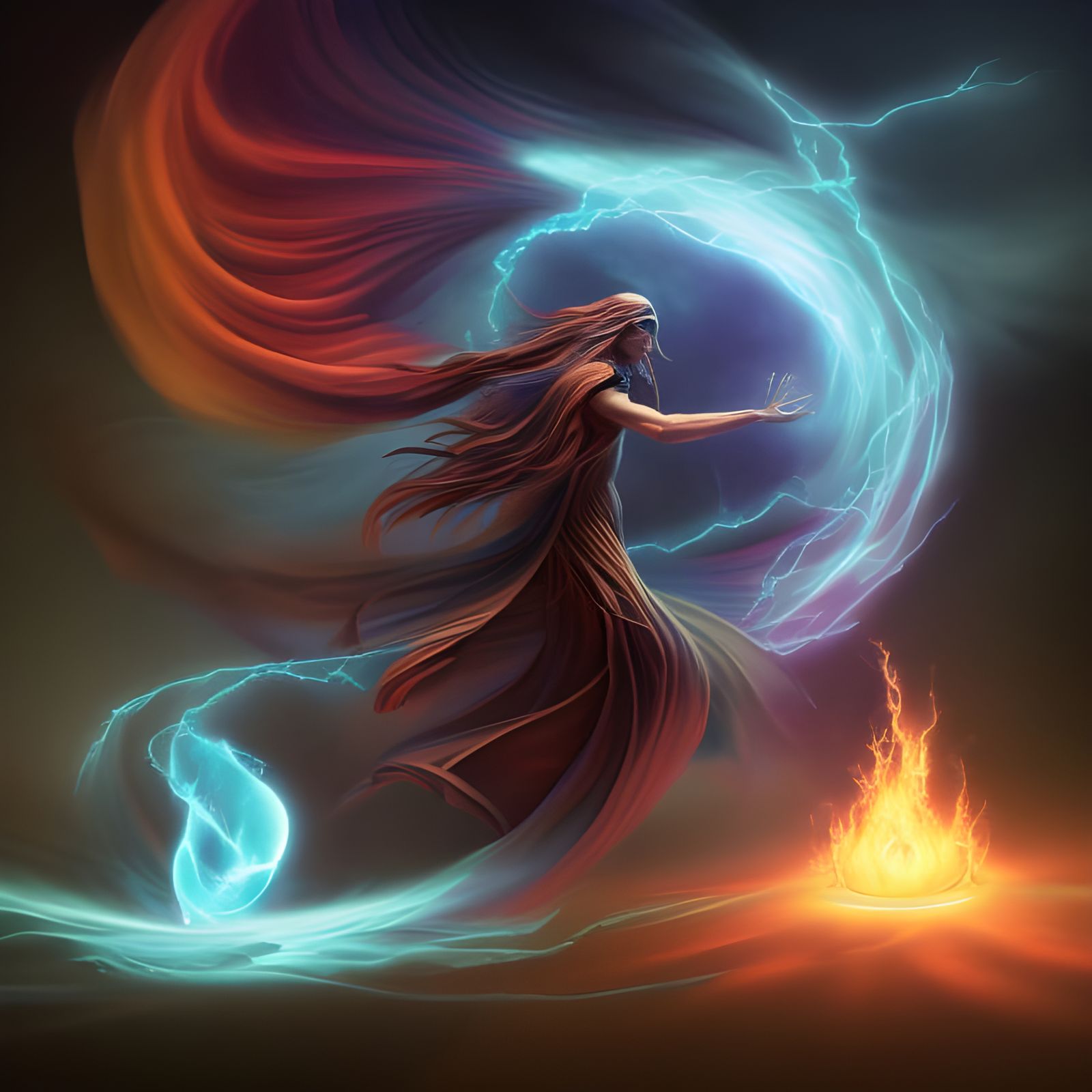 Elemental Vortex with Sorceresses: Digital Art
