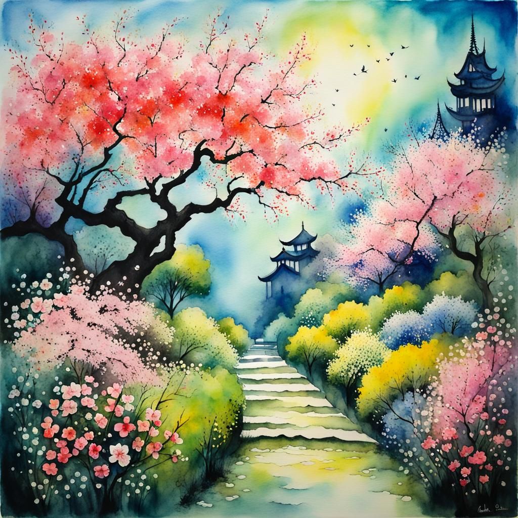 Surreal Japanese Garden with Sakura in Watercolor Style