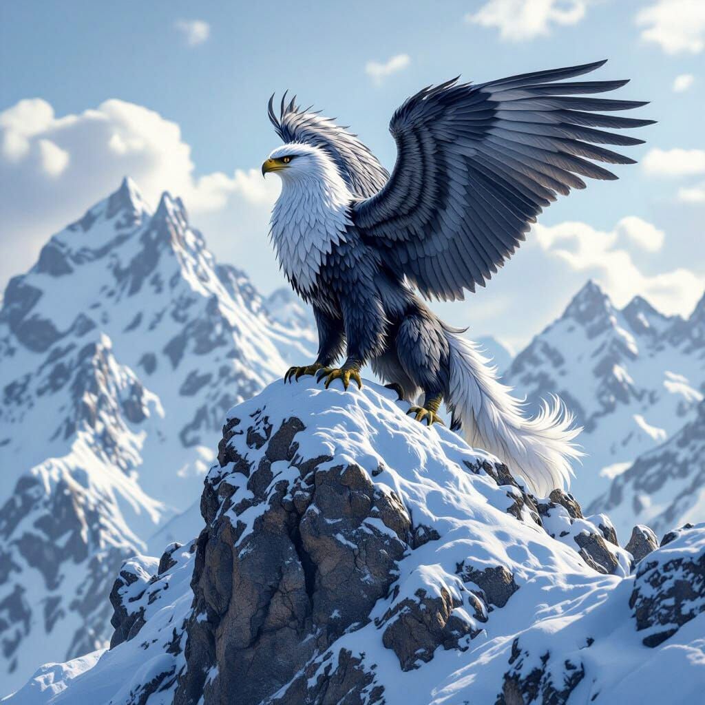 Hyperrealistic Griffin on Snow-Capped Mountain Peak