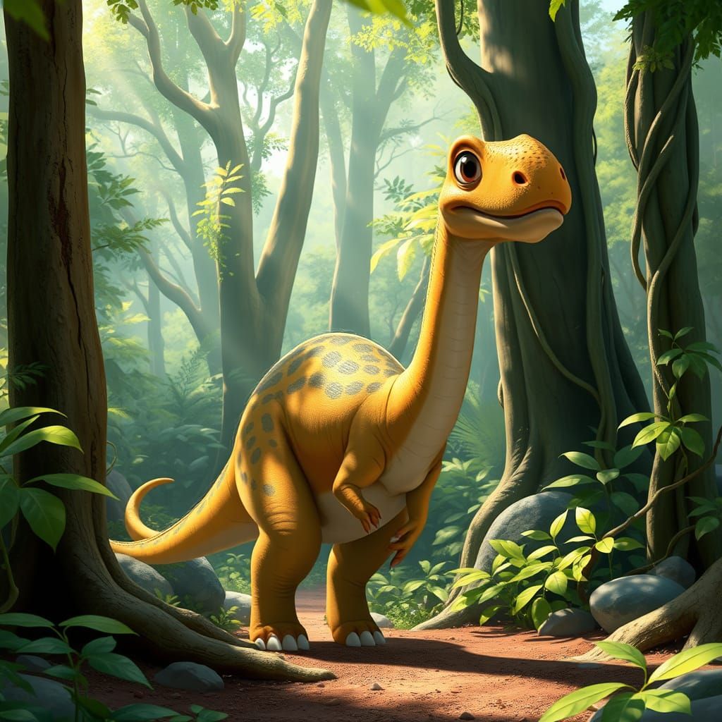 Whimsical Young Apatosaurus in Lush Forest Landscape