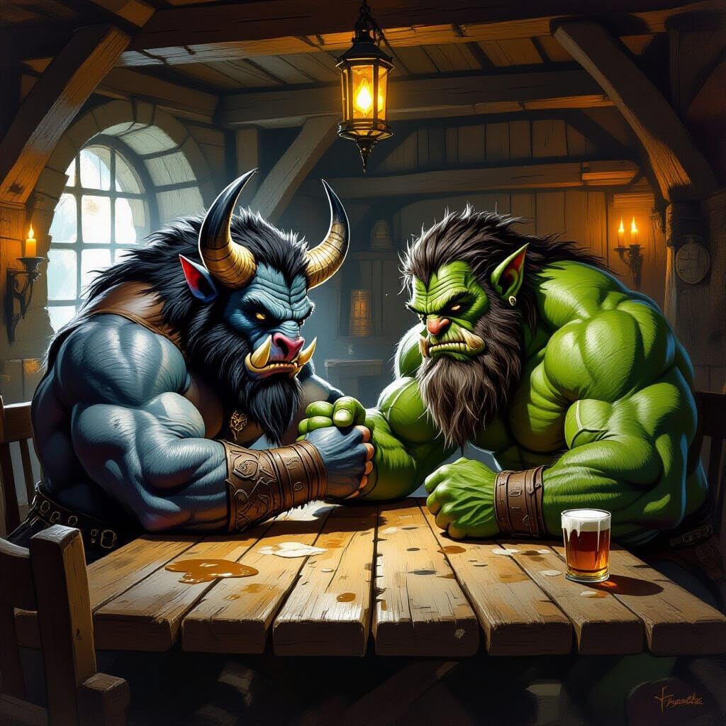 Minotaur and Troll Armwrestling in Rustic Tavern
