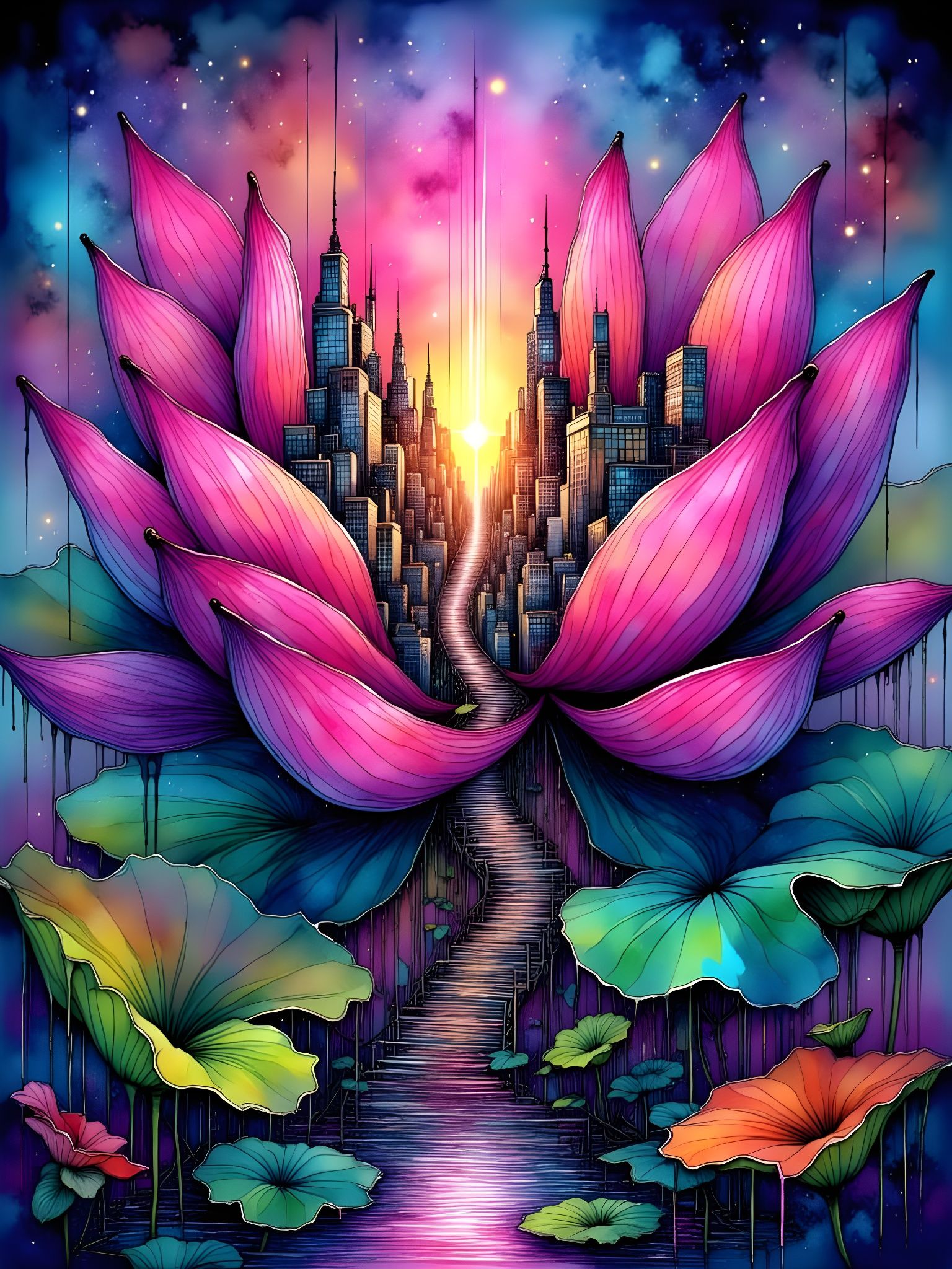 City Inside Giant Lotus Flower, Colossal Scale