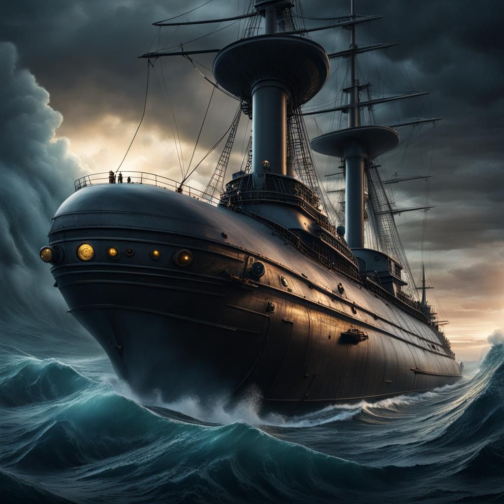 Sailing Ship and Submarine in Storm, Detailed Matte Painting
