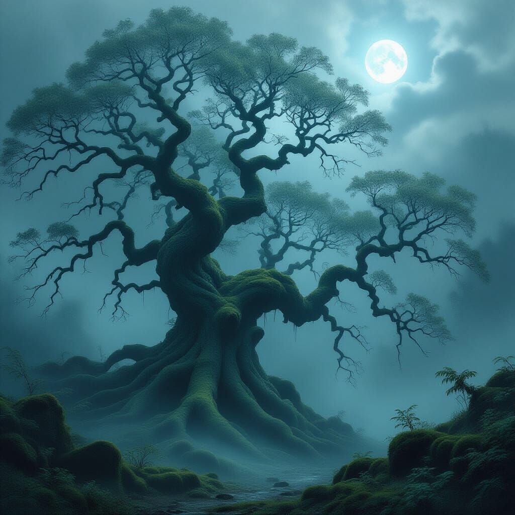 Ancient Tree in Ethereal Forest, Dark Fantasy Concept Art