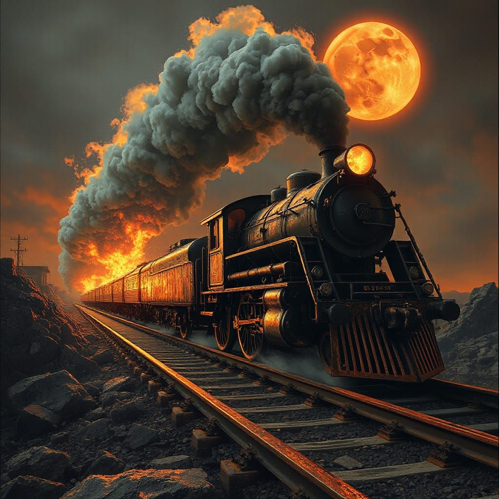 Hellbound Train Under Blood Moon in Surrealist Style