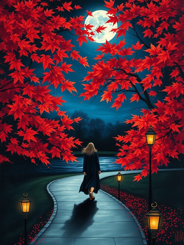 Dreamy Nighttime Park Scene in Expressive, Neo-Impressionist...