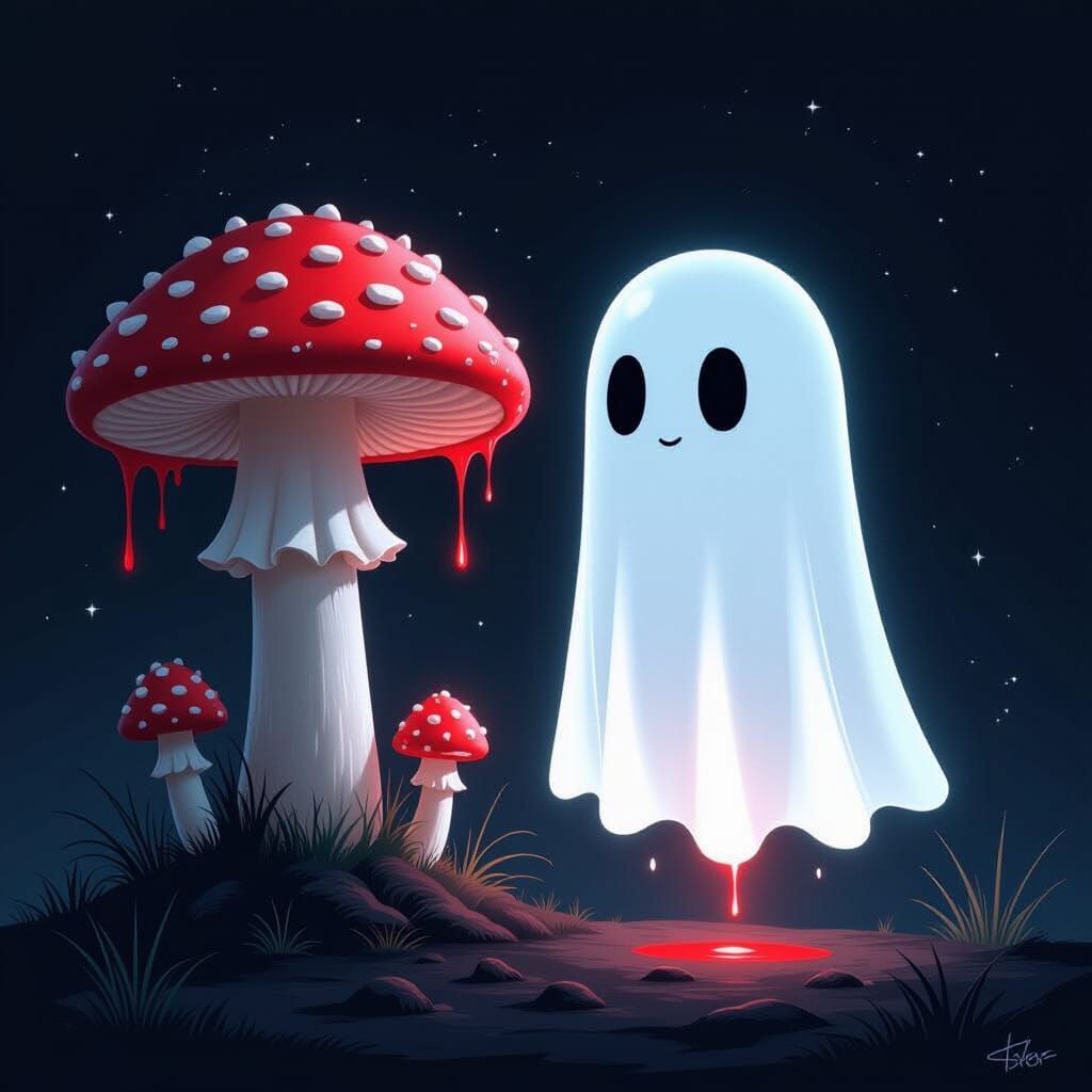 Ghost and Mushroom: A Digital Illustration in Neon Style