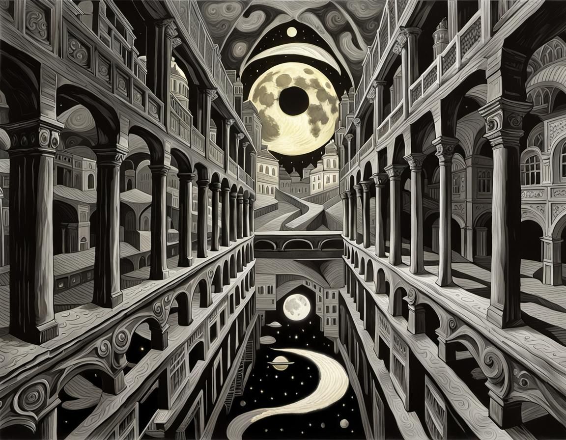 Reflected Moon in Escher-esque Alcohol Ink Style