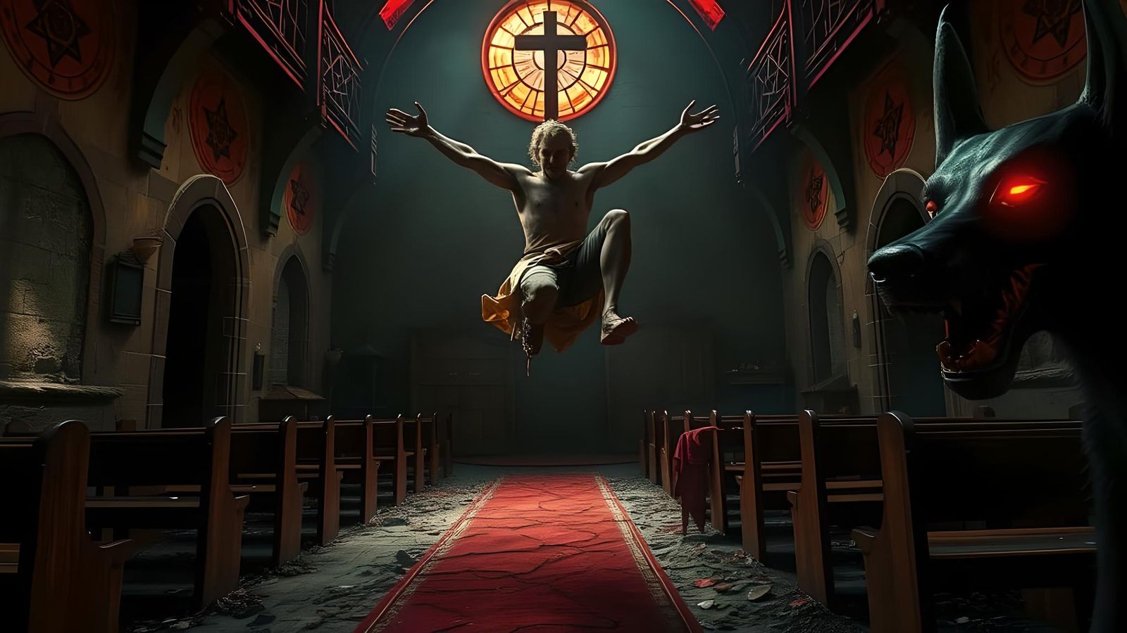 Sinister Abandoned Church with Demonic Dog: Cinematic Still
