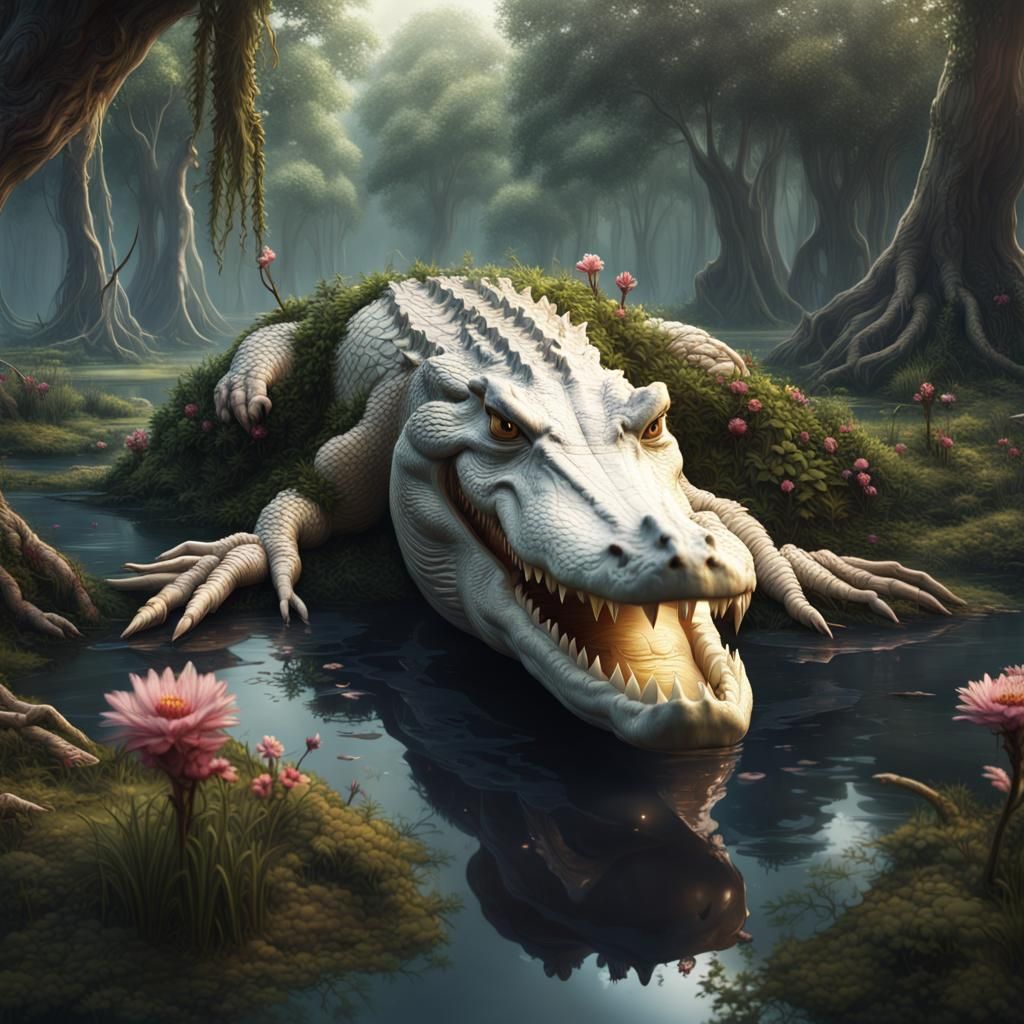 Albino Crocodile Emerging from a Fantastical Swamp