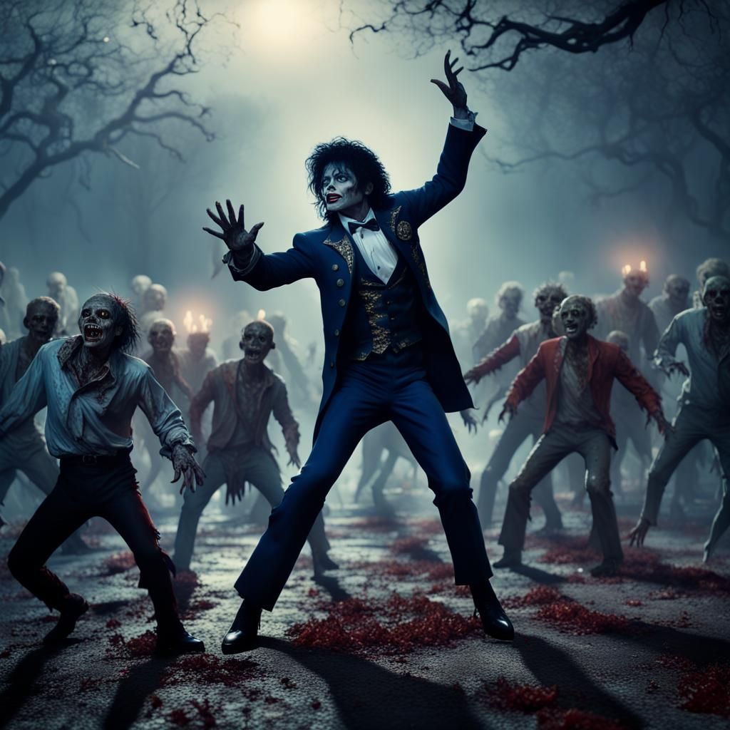Scene from famous Michael Jackson song Thriller. Zombies dancing in graveyard. horror Gustave Doré Greg   detailed matte...