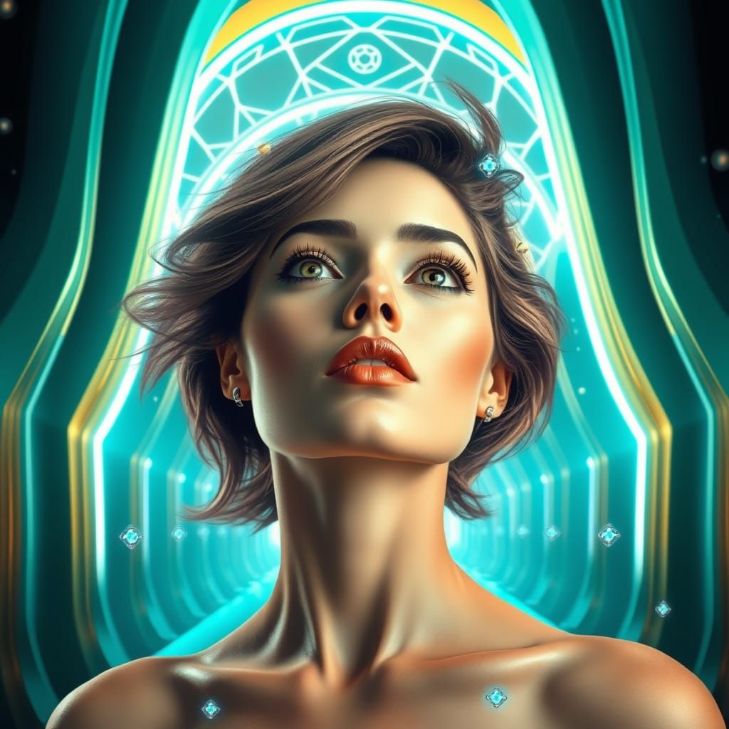 Mythic Woman in Futuristic Celestial Conduit