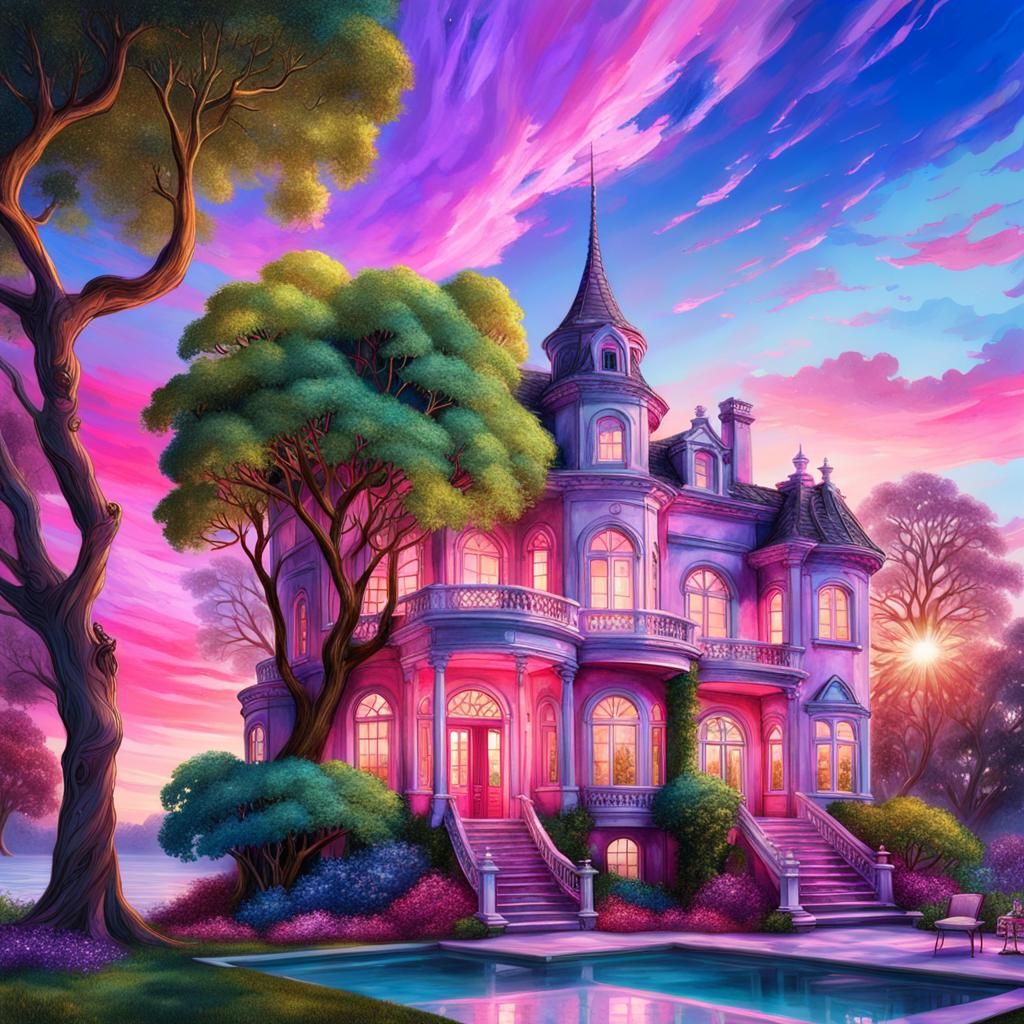 Girly Pink Mansion at Sunset in Watercolor Style