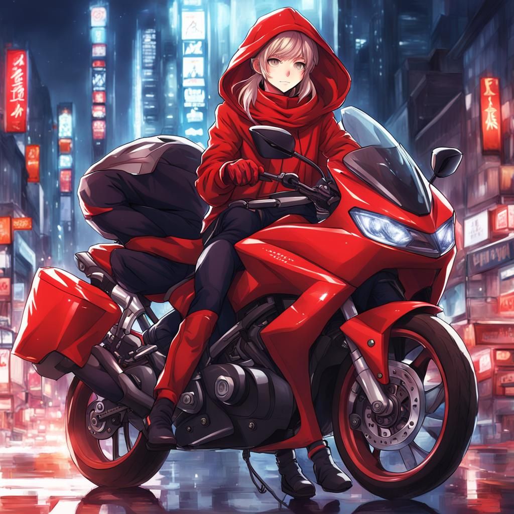 Red Motorcycle Rider in Anime Style