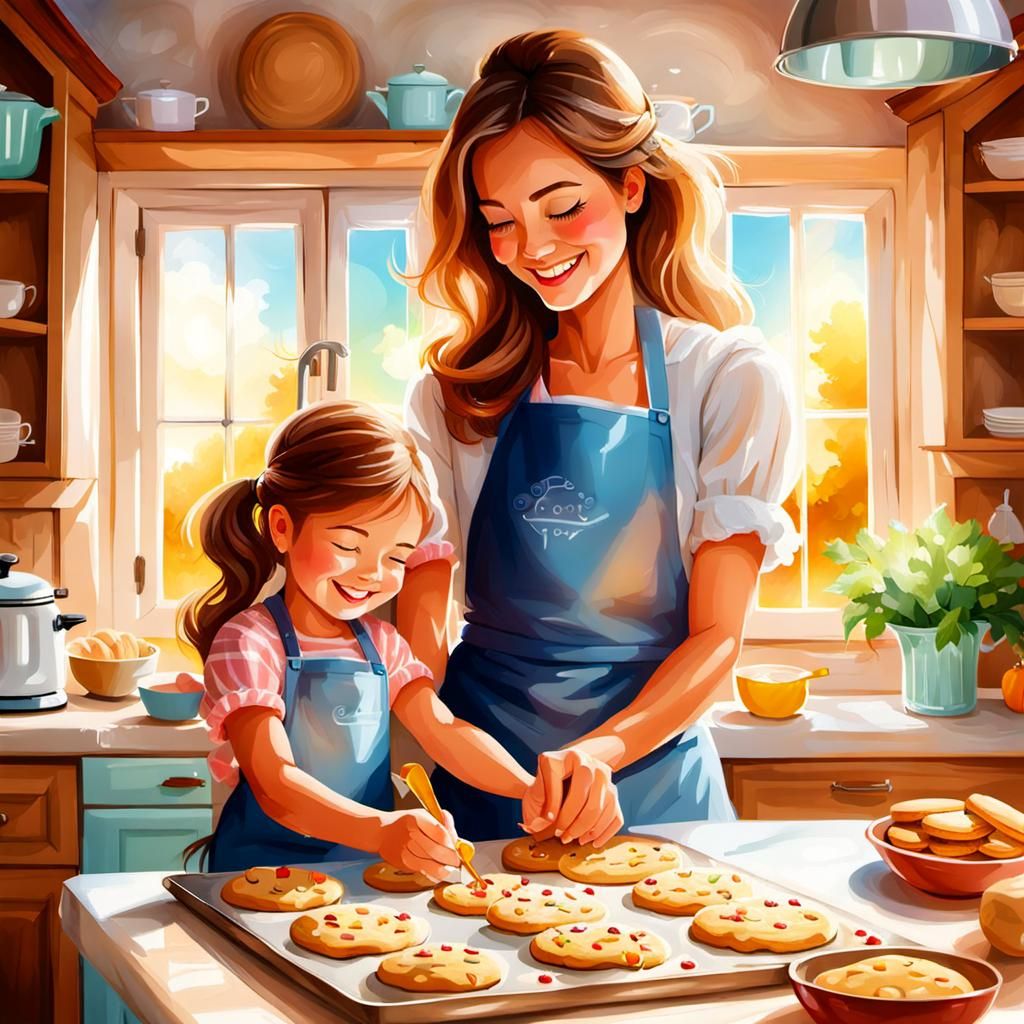 Cute Girl Baking with Mother: Airbrush Art