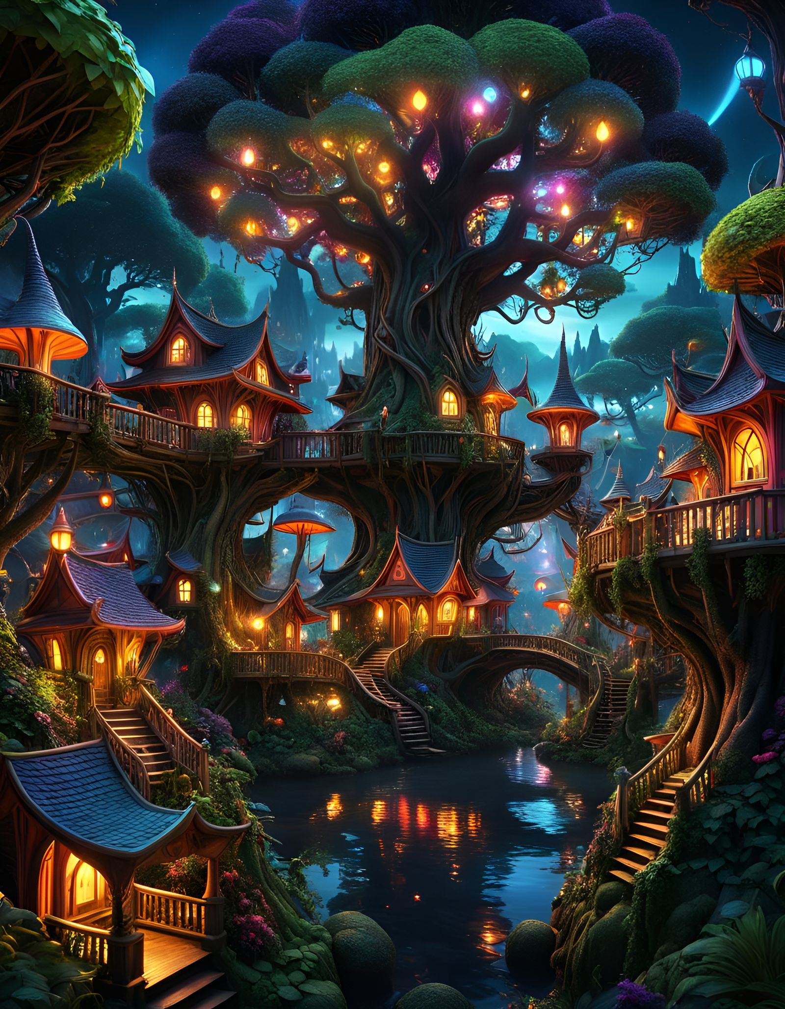 Goblincore Fairytale Tree Village with Glowing Lights
