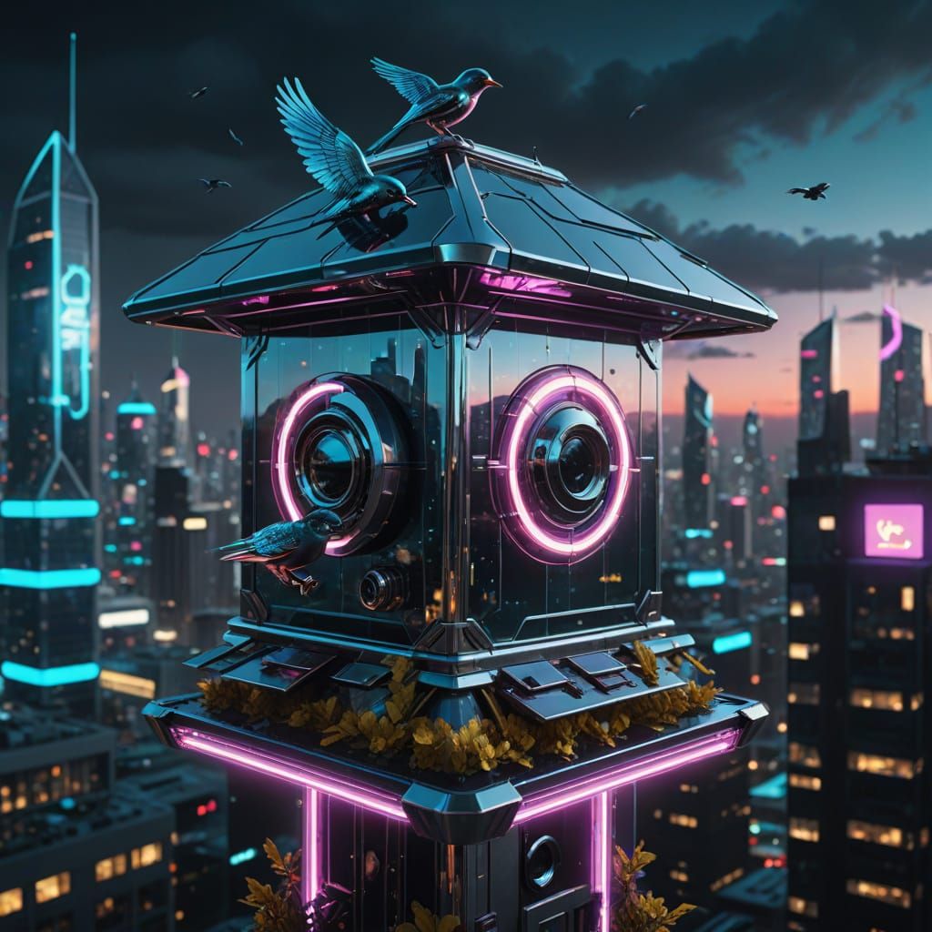 Cyberpunk Birdhouse on Skyscraper, Chrome and Glass