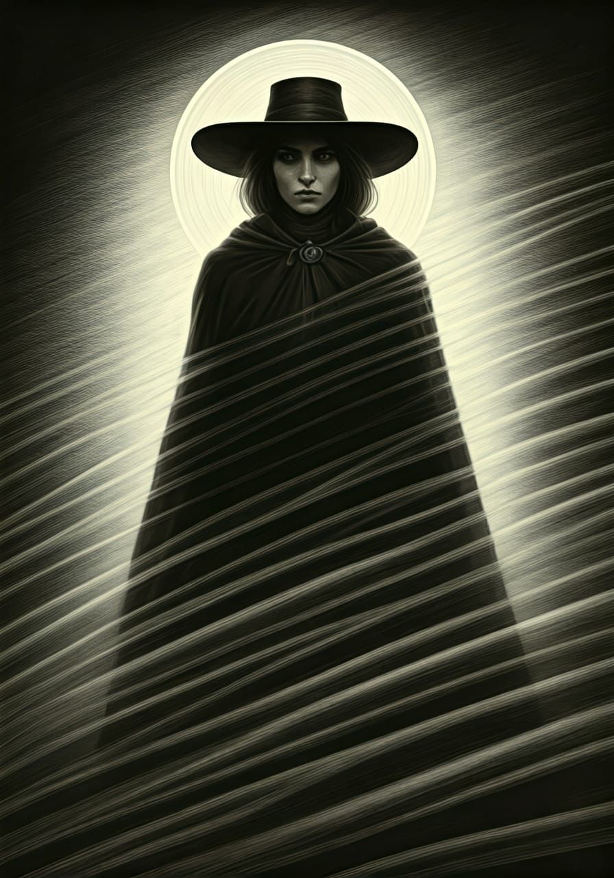 A dark figure of a woman in a cloak and broad brimmed hat st...