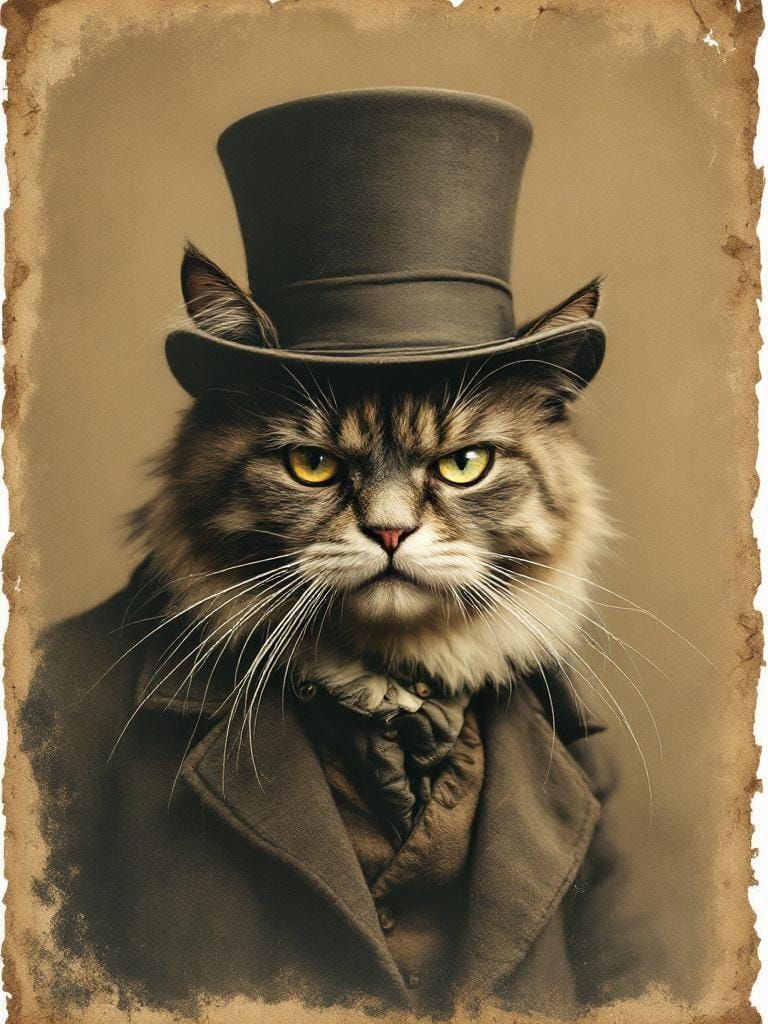 Grumpy Old Cat in Stovepipe Hat: Vintage Photo