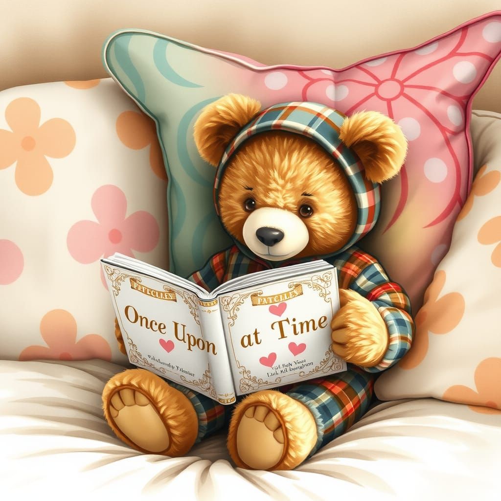 Teddy Bear Reads Storybook in Watercolor Style
