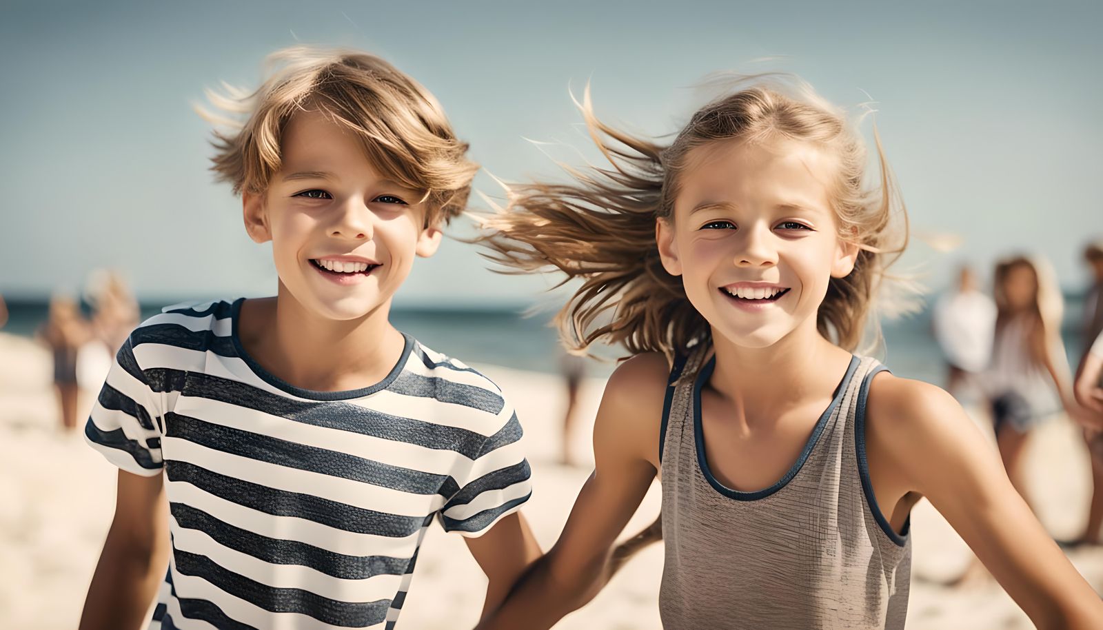 Smiling Children Dancing on a Beach in Swimwear