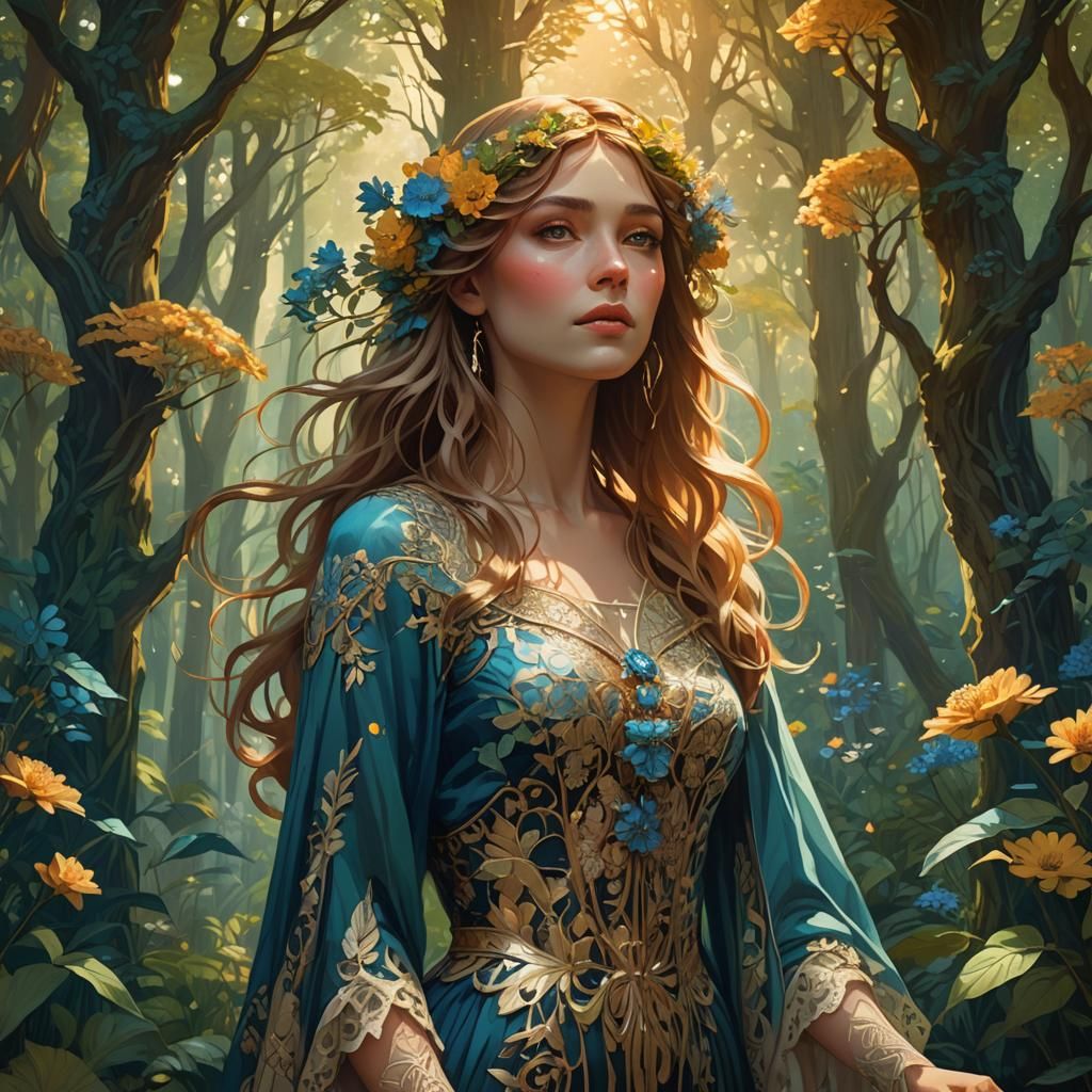 Enchanting Forest Girl: Art Nouveau Fantasy Portrait