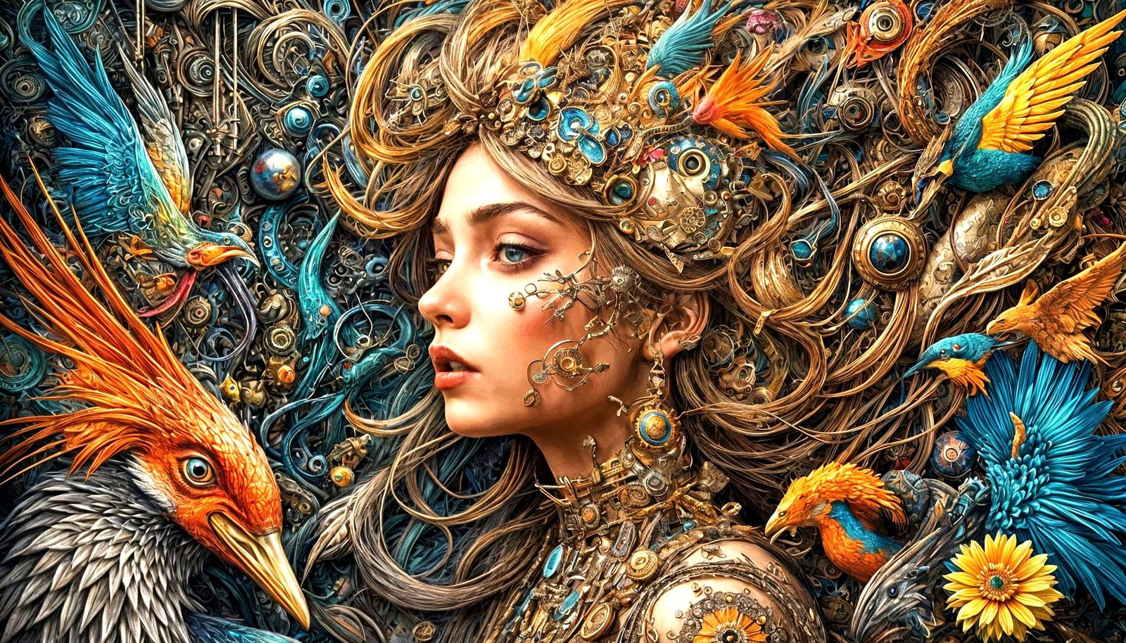 Maximalist Retro-Futuristic Scene with Rich Ink and Watercol...