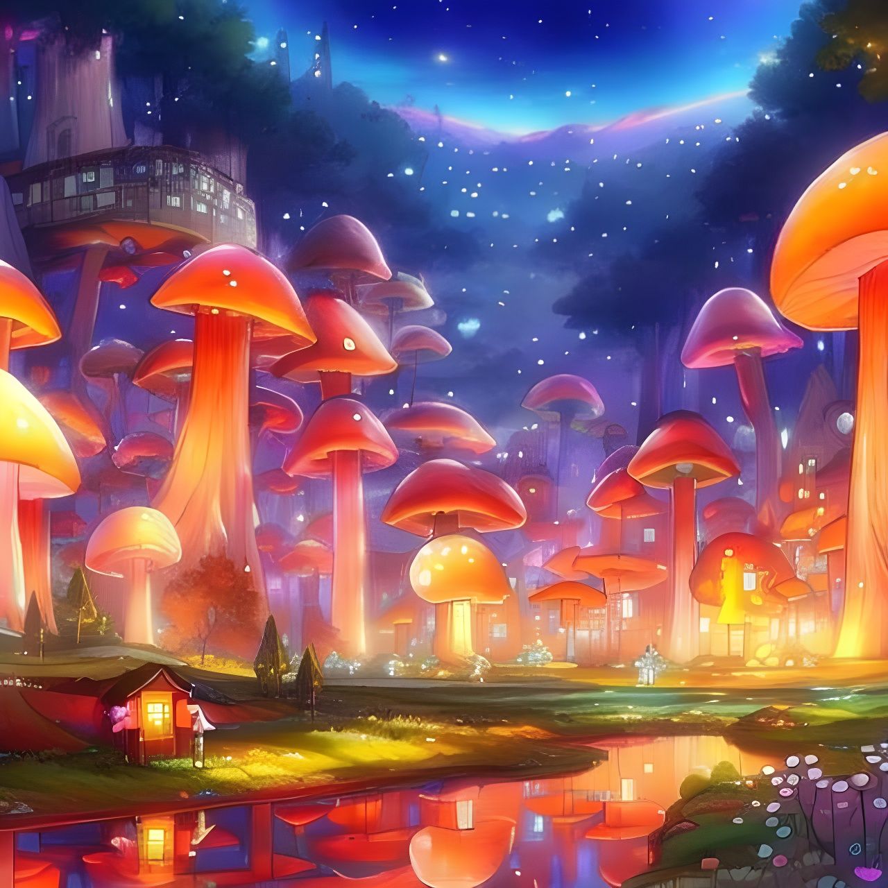 Colorful Anime Fairy Town at Night Landscape