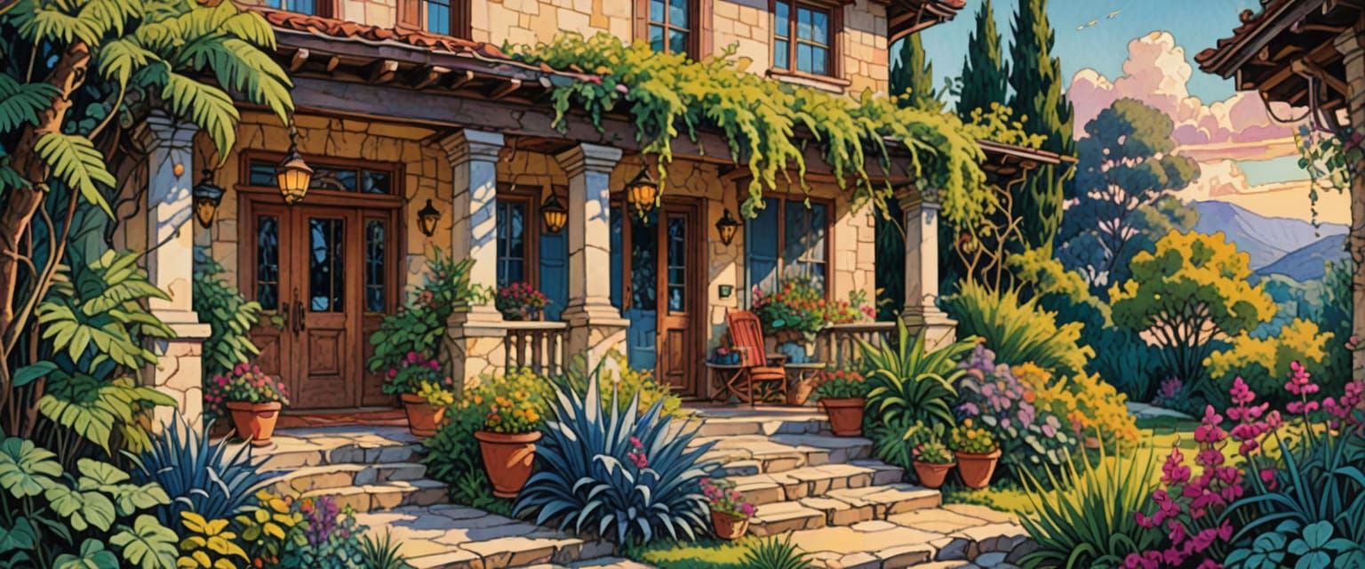 Cozy Hacienda in Comic Book Style Watercolor