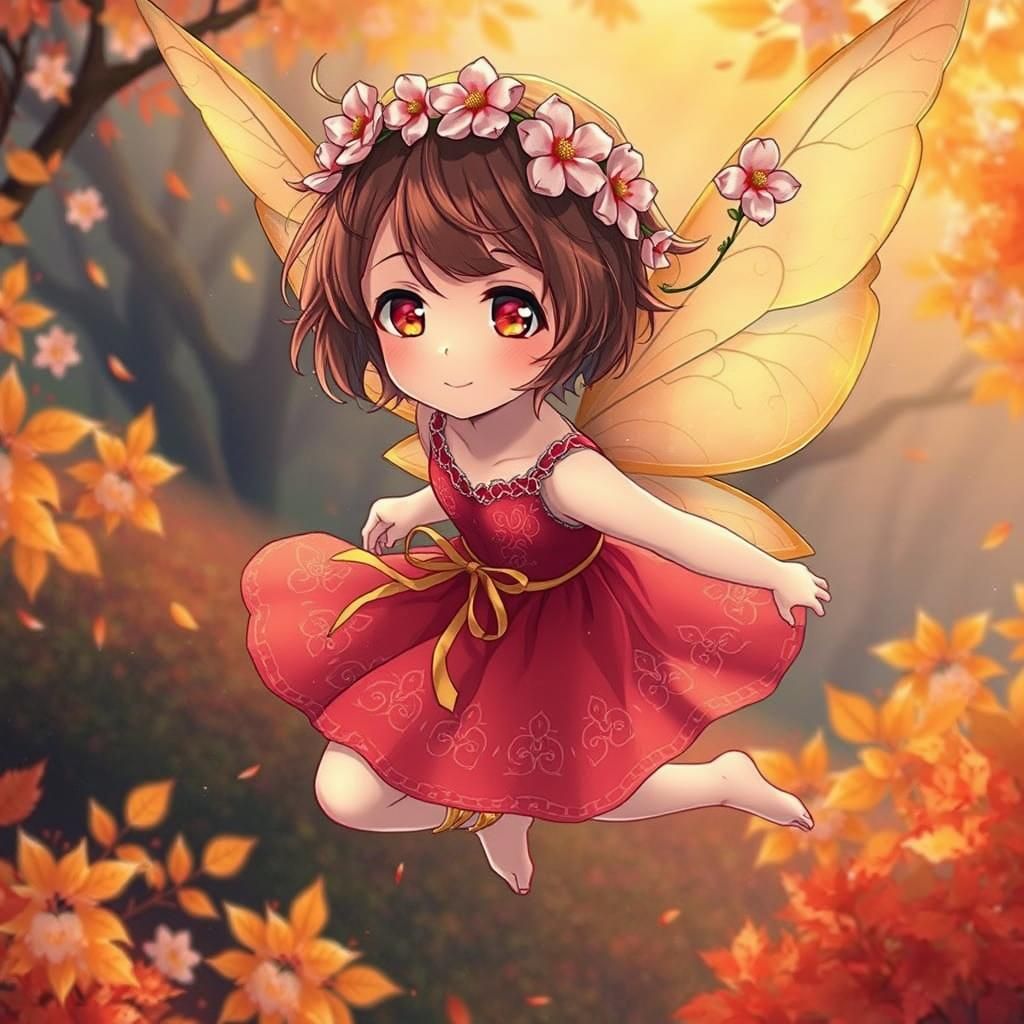Anime Fairy in Autumn Forest with Cherry Blossoms