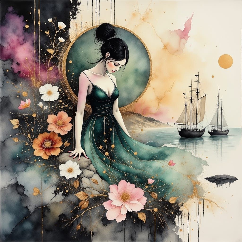 Anime Woman in Old Town Harbor with Angels