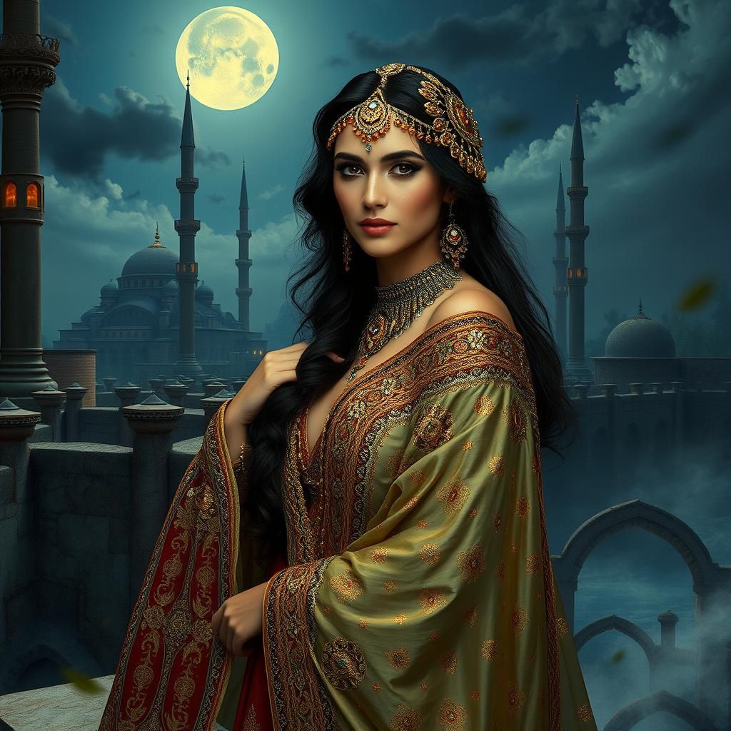 Woman in Arabian Nights Landscape: Klimt-Inspired Art