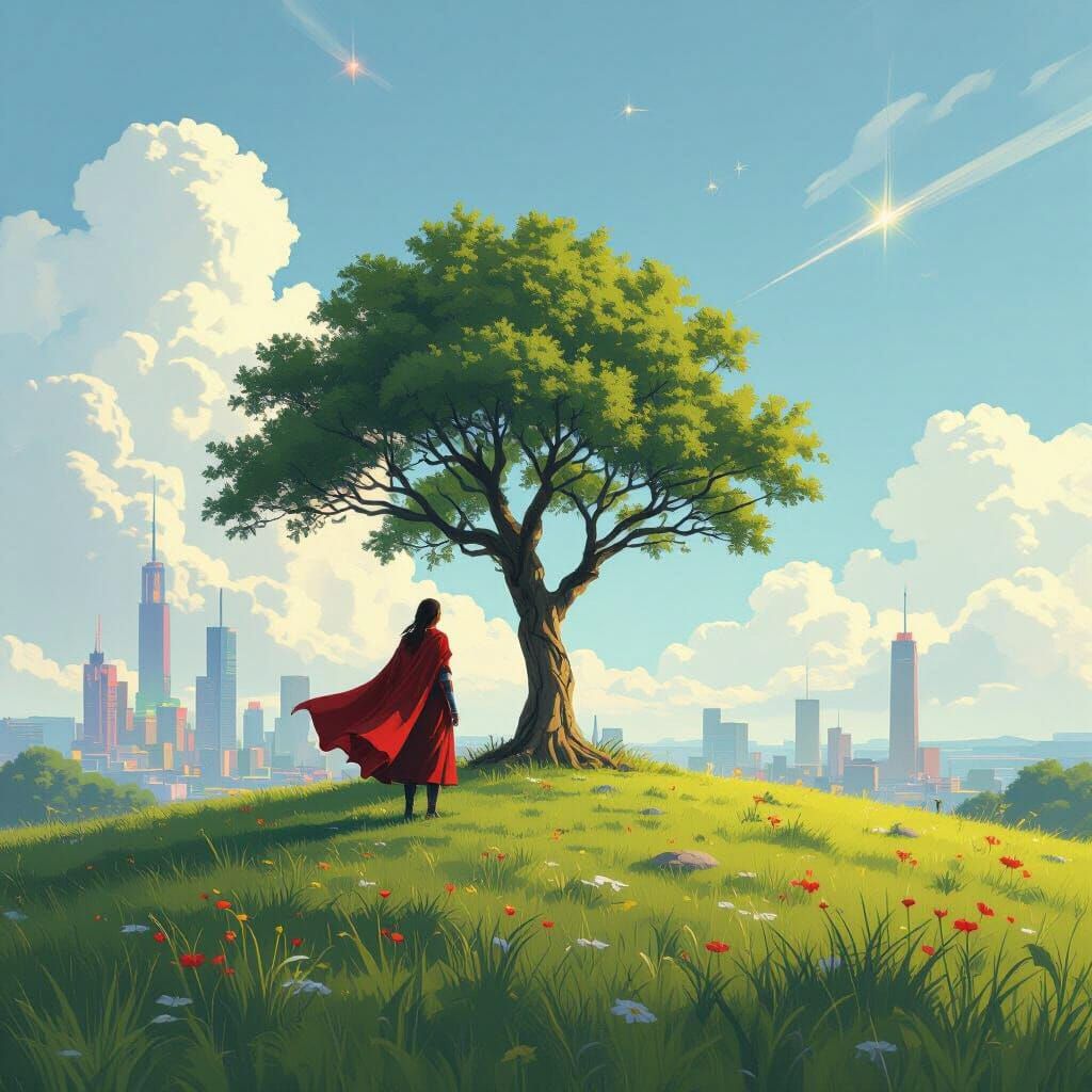 Cyberpunk Woman with Cybernetic Hands Overlooking Cityscape