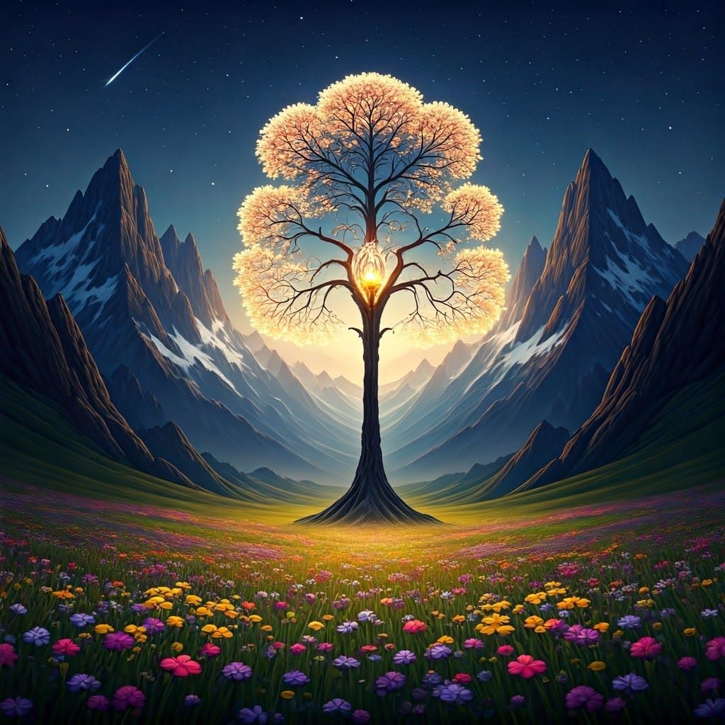 Luminous Tree in Wilderness Under Starry Sky