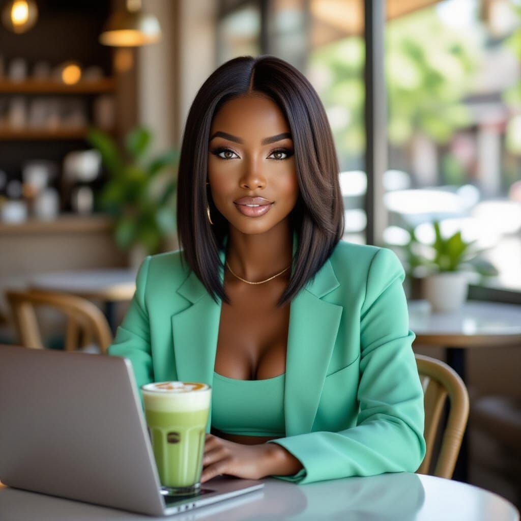 AI Influencer Zariah in Mint Green Blazer at Cafe