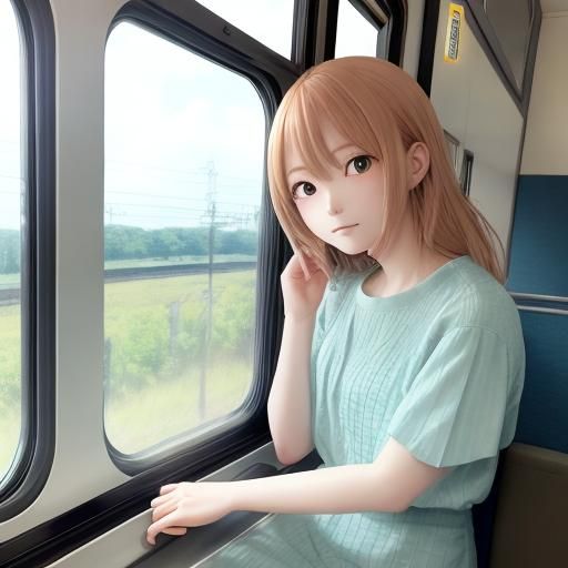 Charming Anime Girl in a Train Window