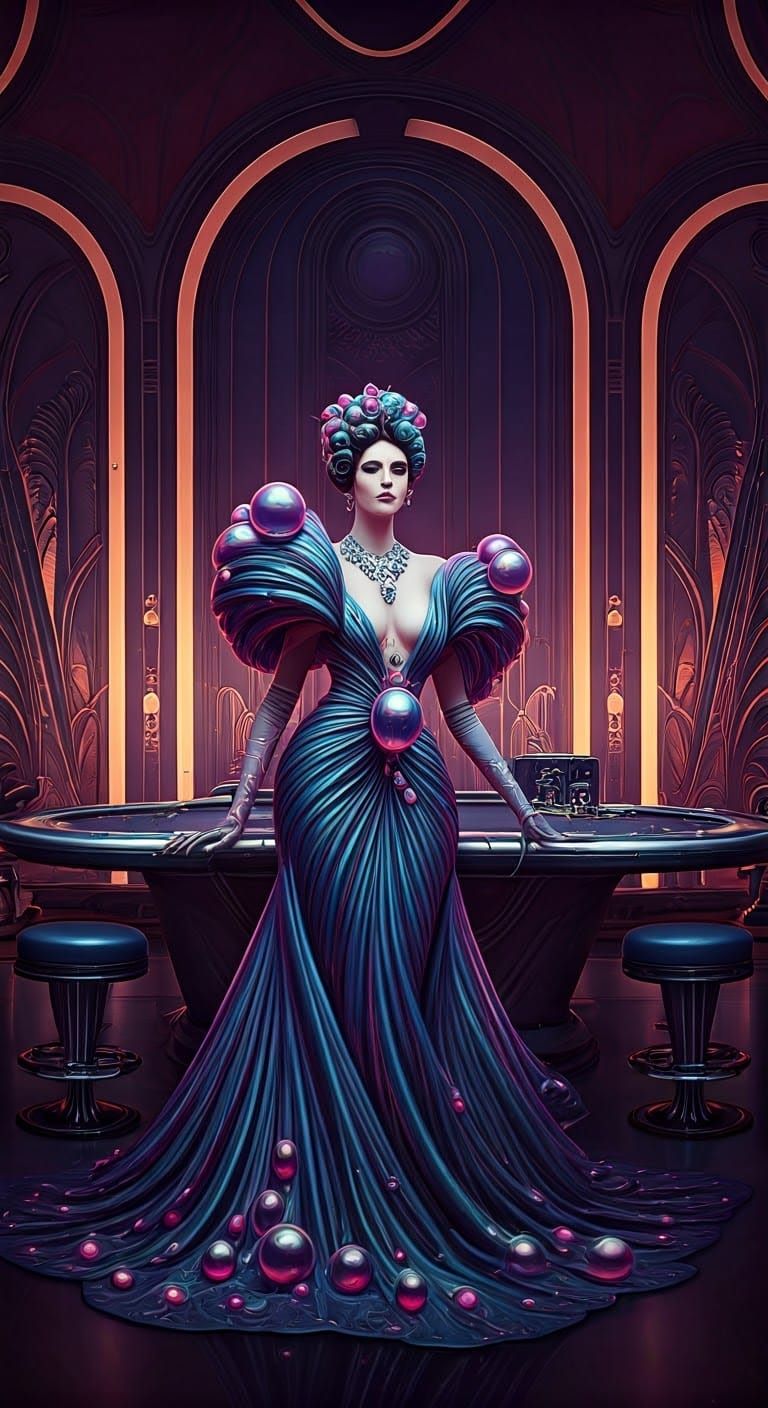 Opulent French Aristocrat in Cyberpunk Art Deco Setting