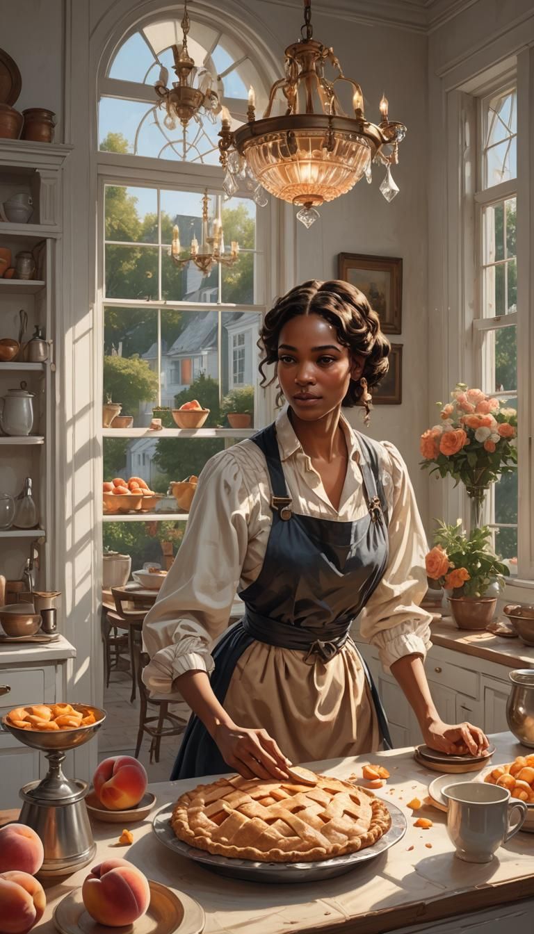 Happy Baker Makes Peach Pie in Farmhouse Kitchen