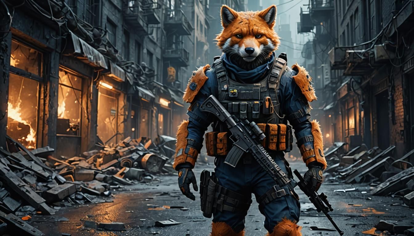 Furry Soldier in War-Torn City: Digital Art